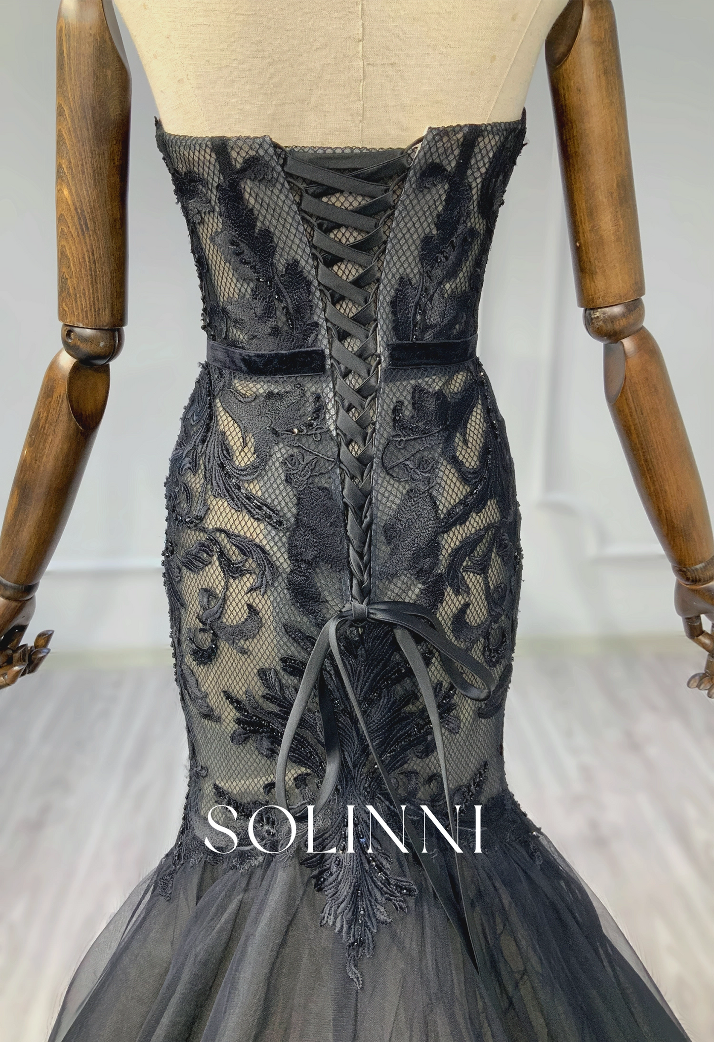 Black Lace Mermaid Gown with Dramatic Tulle Train
