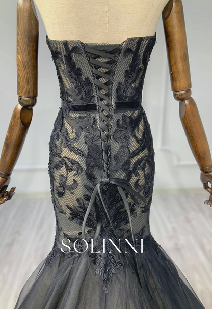 Black Lace Mermaid Gown with Dramatic Tulle Train