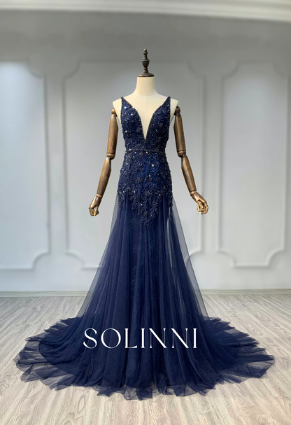 Midnight Beaded Evening Gown with Flowing Tulle Train