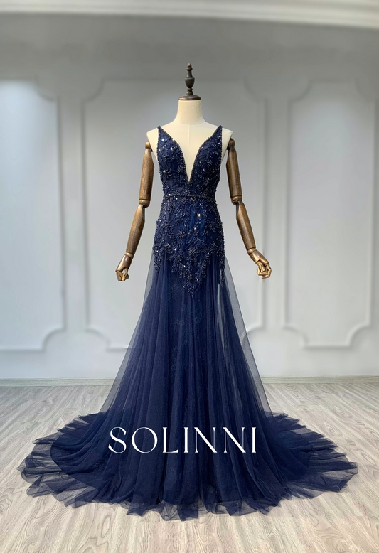 Midnight Beaded Evening Gown with Flowing Tulle Train