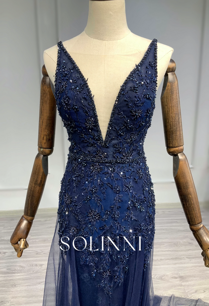 Midnight Beaded Evening Gown with Flowing Tulle Train
