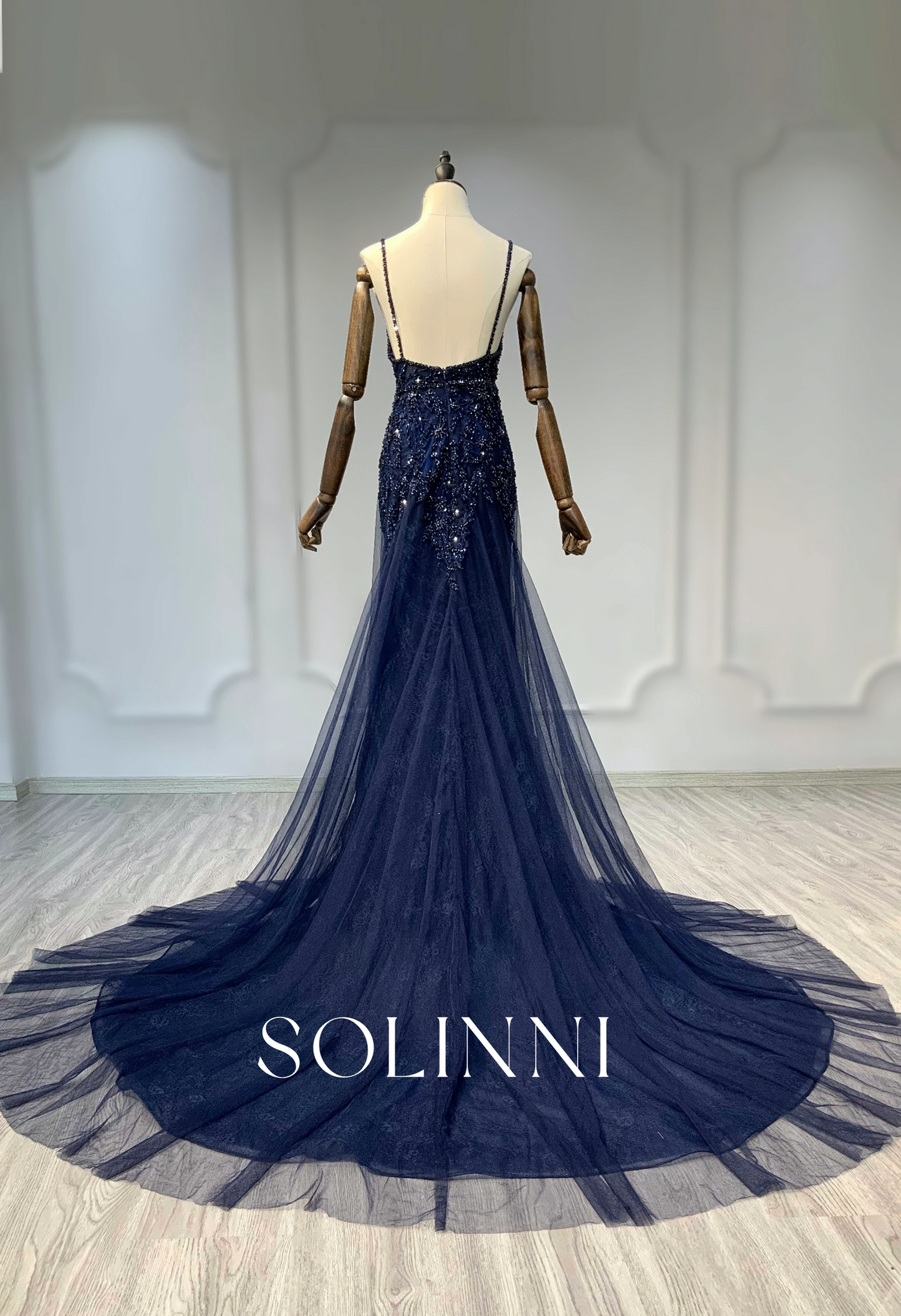 Midnight Beaded Evening Gown with Flowing Tulle Train