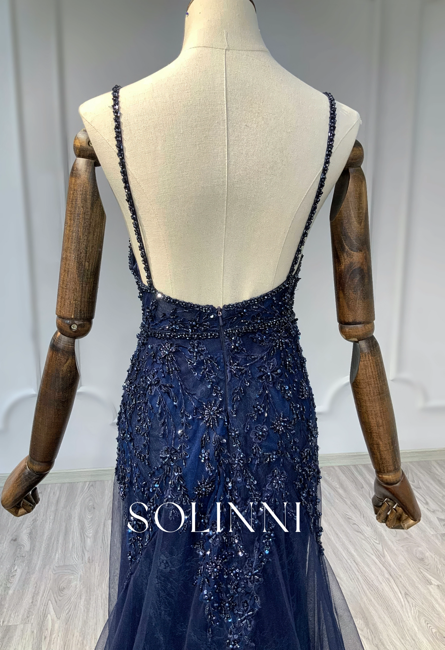 Midnight Beaded Evening Gown with Flowing Tulle Train