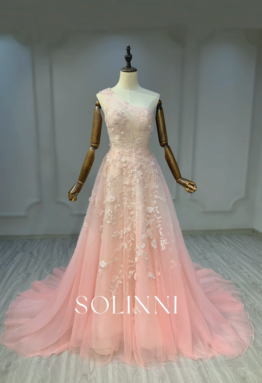 Pink gradient lace one-shoulder evening gown