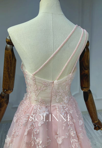 Pink gradient lace one-shoulder evening gown