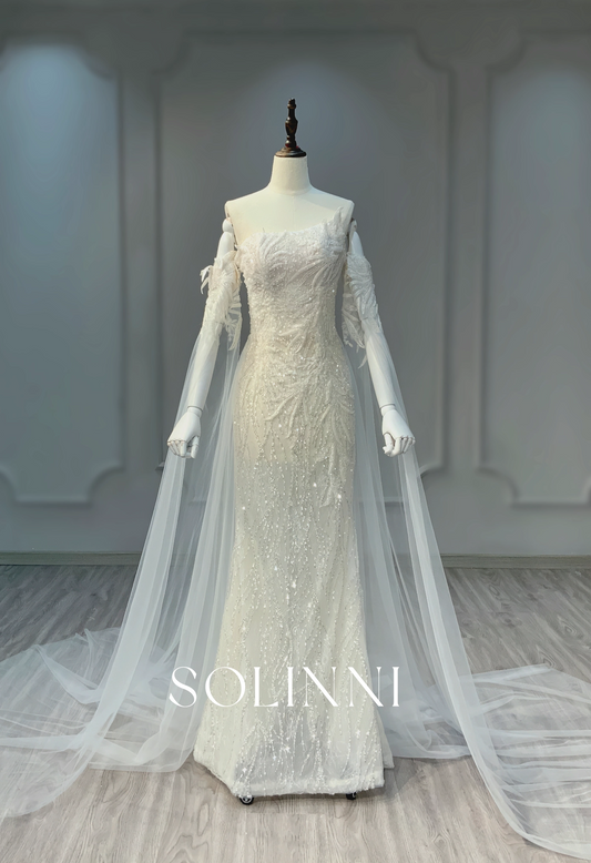 Gorgeous beaded fitted wedding dress with removable sleeves