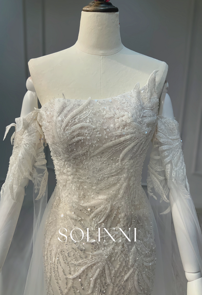 Gorgeous beaded fitted wedding dress with removable sleeves