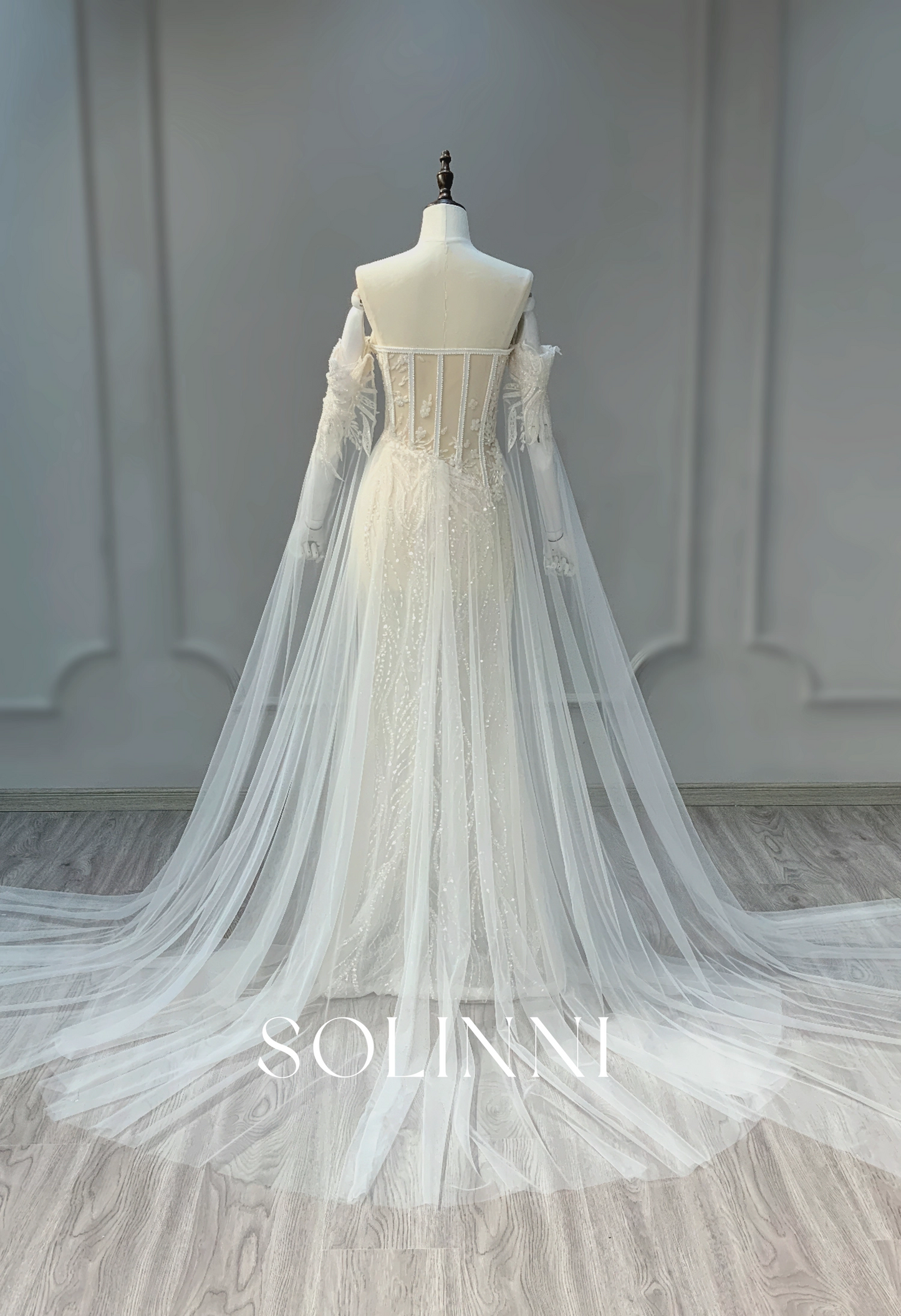 Gorgeous beaded fitted wedding dress with removable sleeves