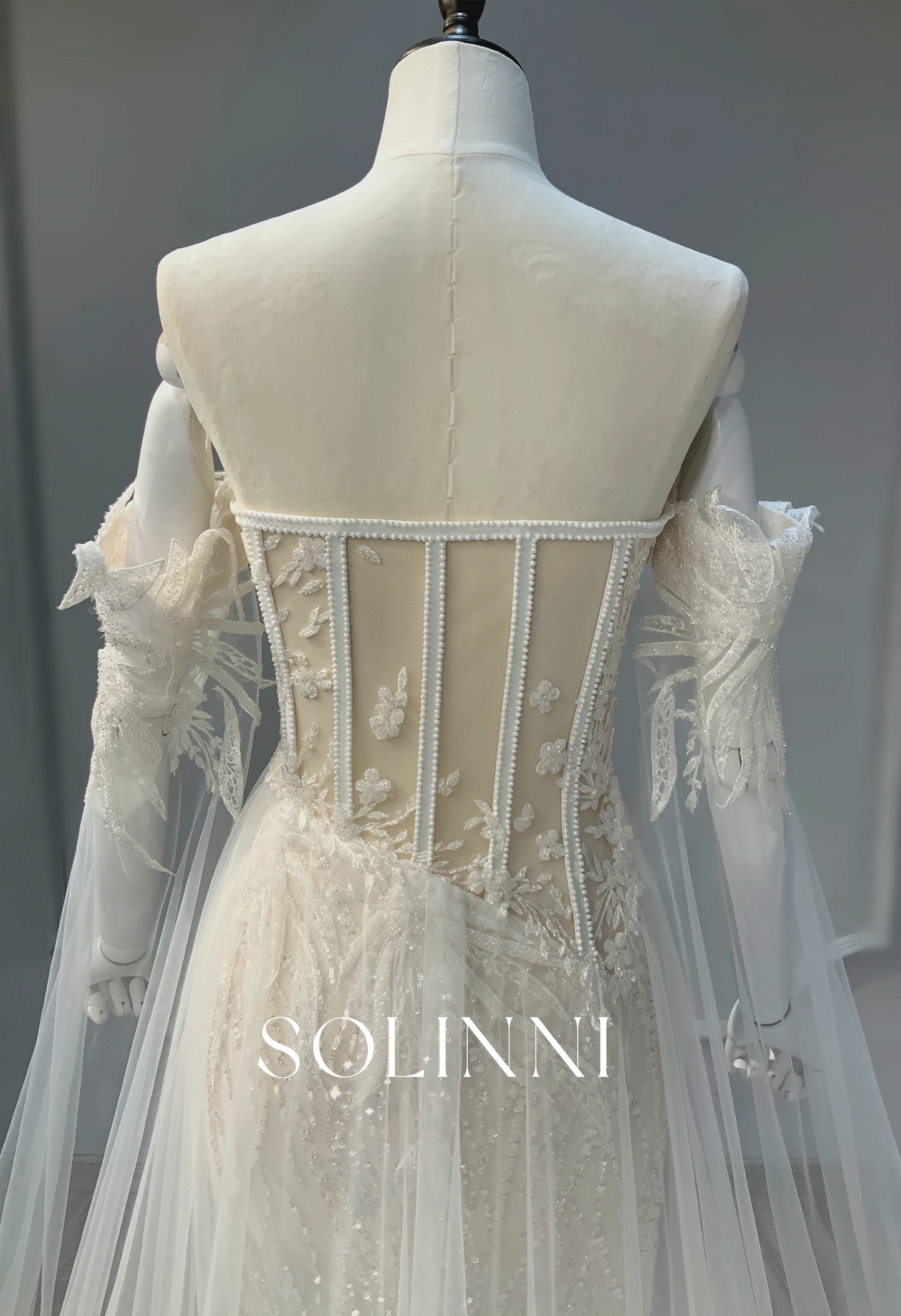 Gorgeous beaded fitted wedding dress with removable sleeves
