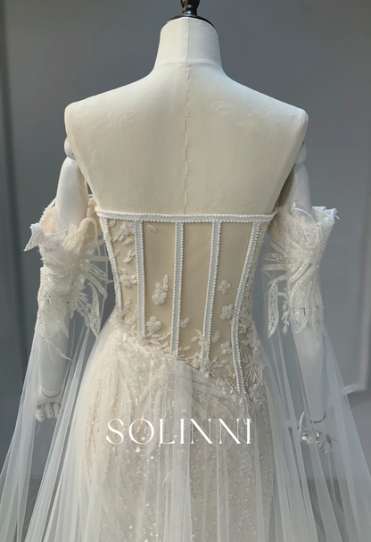 Gorgeous beaded fitted wedding dress with removable sleeves