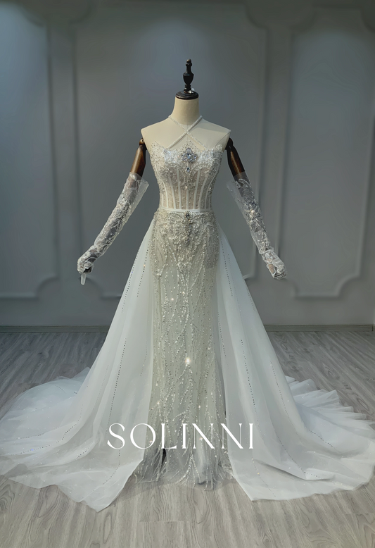 Dazzling Beaded Wedding Gown with Intricate Embroidery and Sheer Detailing