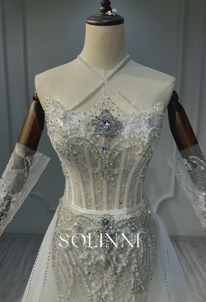 Dazzling Beaded Wedding Gown with Intricate Embroidery and Sheer Detailing