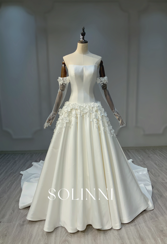 Modern Satin Ball Gown with 3D Floral Appliqué