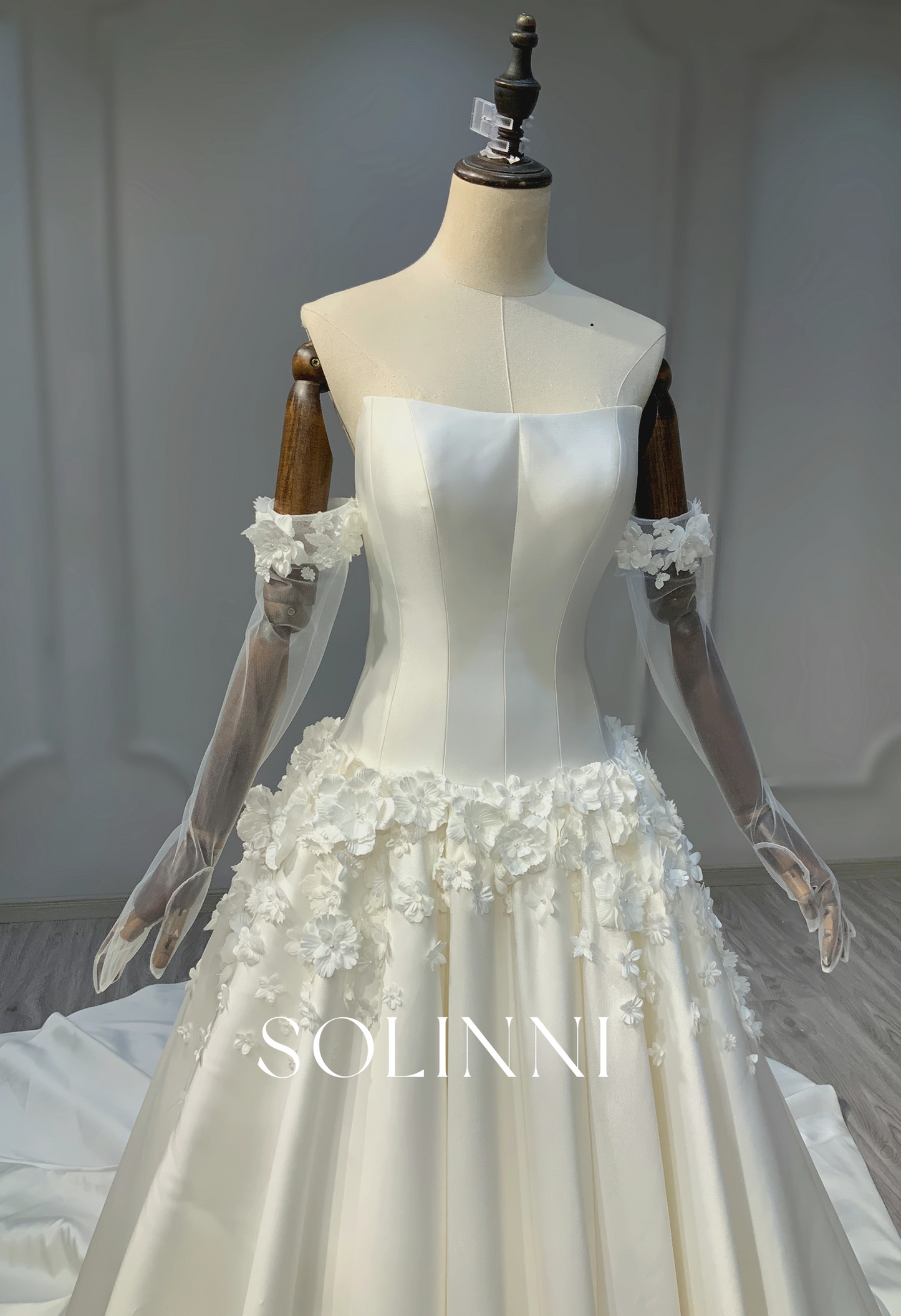 Modern Satin Ball Gown with 3D Floral Appliqué