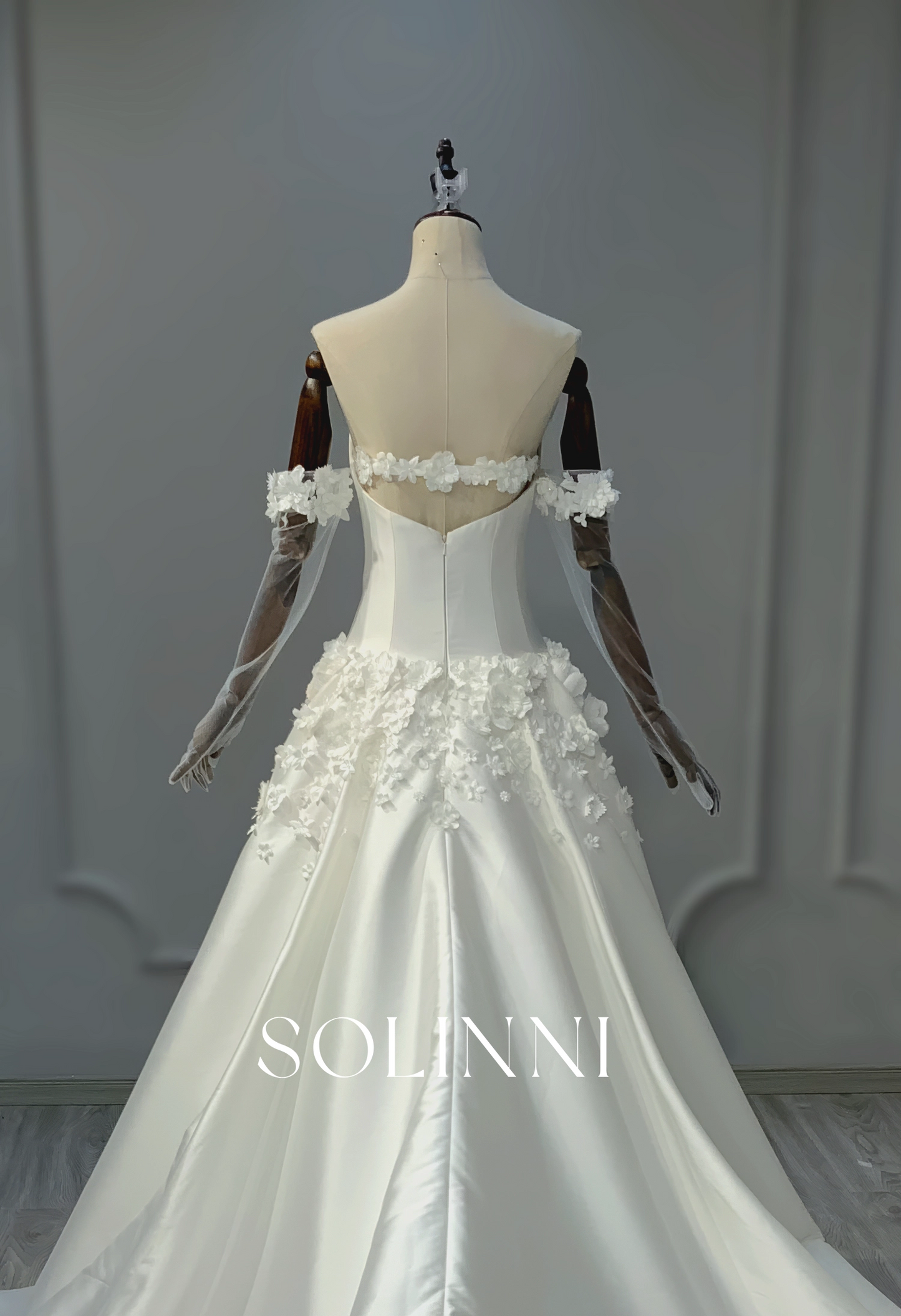 Modern Satin Ball Gown with 3D Floral Appliqué
