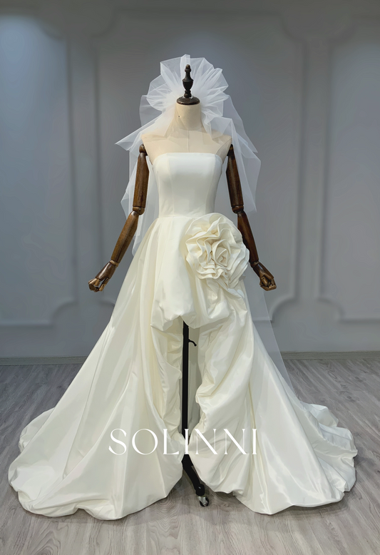Taffeta Mini Dress with 3D Floral Details and Unique Veil