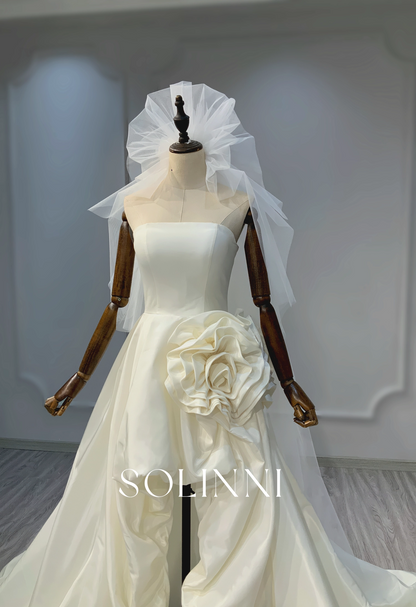 Taffeta Mini Dress with 3D Floral Details and Unique Veil