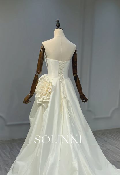 Taffeta Mini Dress with 3D Floral Details and Unique Veil