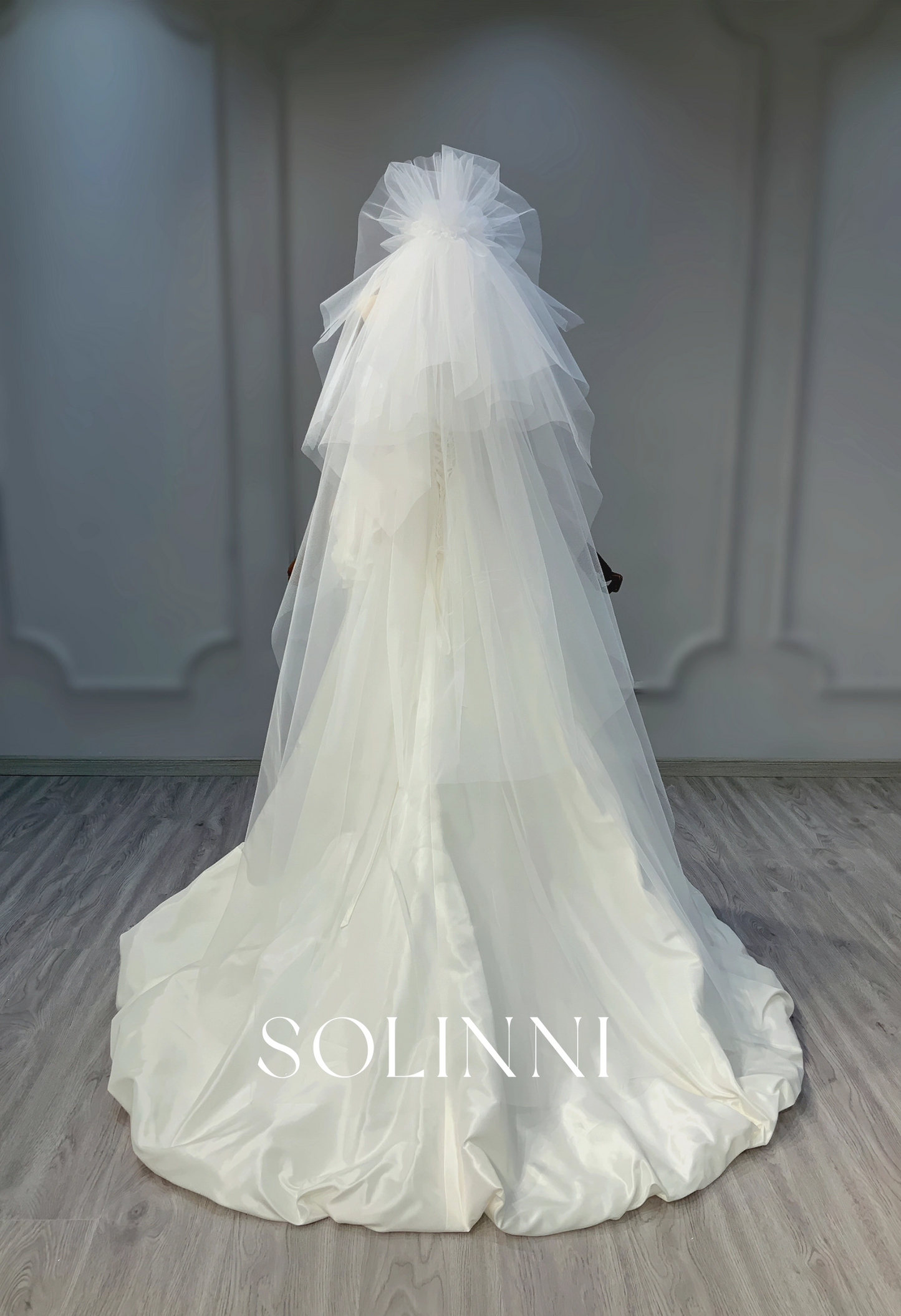 Taffeta Mini Dress with 3D Floral Details and Unique Veil