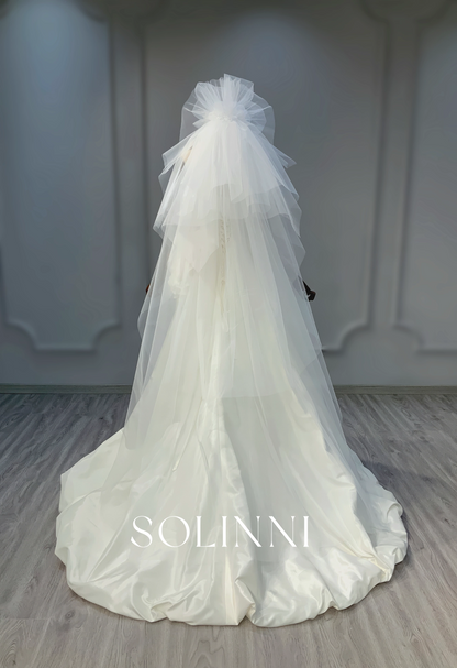 Taffeta Mini Dress with 3D Floral Details and Unique Veil
