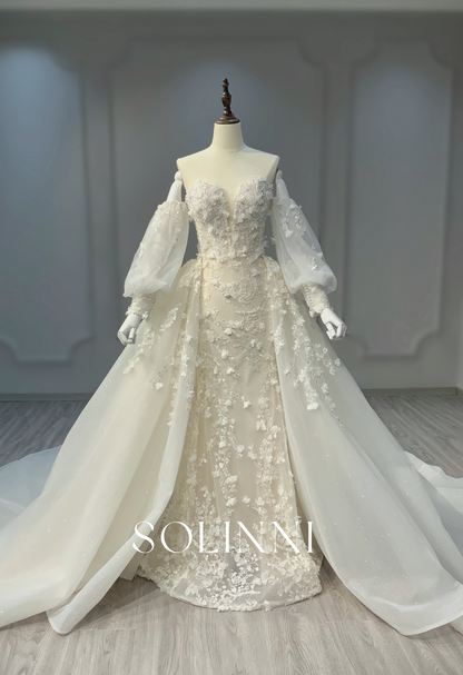 Lace Gown with Detachable Sleeves and Overskirt