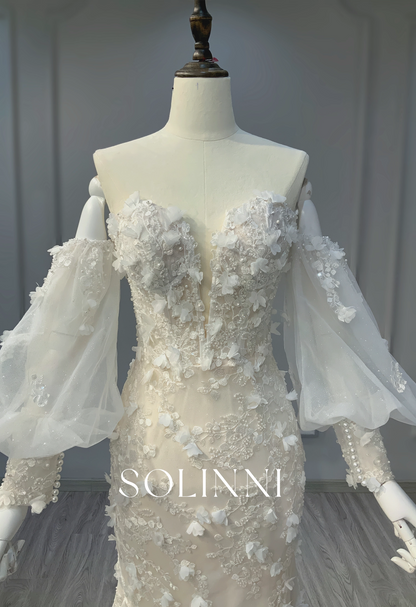 Lace Gown with Detachable Sleeves and Overskirt