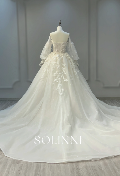 Lace Gown with Detachable Sleeves and Overskirt