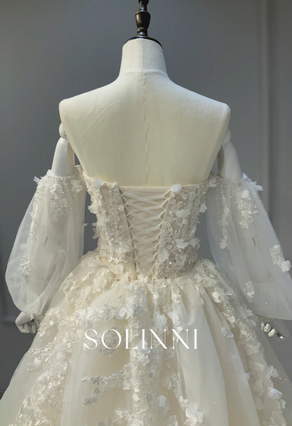 Lace Gown with Detachable Sleeves and Overskirt