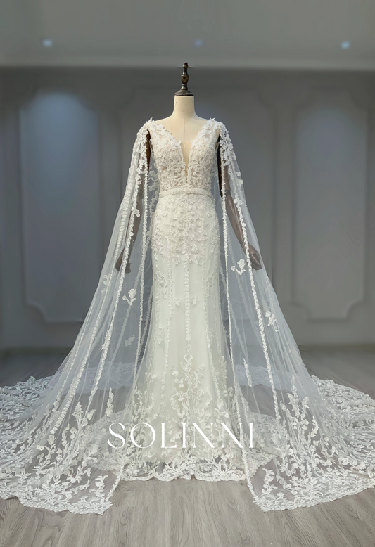 Lace Appliqué Gown with Full-Length Embroidered Cape Train