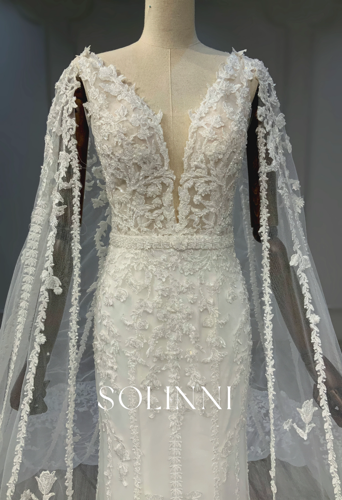 Lace Appliqué Gown with Full-Length Embroidered Cape Train