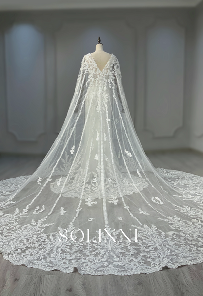 Lace Appliqué Gown with Full-Length Embroidered Cape Train