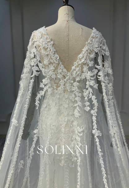 Lace Appliqué Gown with Full-Length Embroidered Cape Train