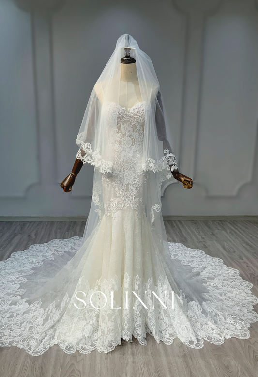 Classic Lace Mermaid Gown with Matching Lace Veil