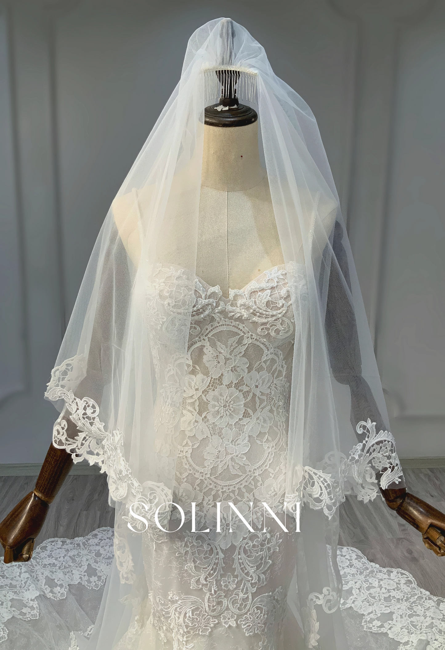 Classic Lace Mermaid Gown with Matching Lace Veil