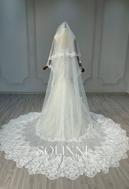 Classic Lace Mermaid Gown with Matching Lace Veil