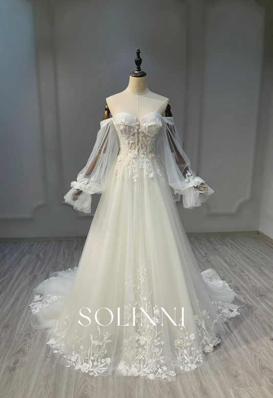 Romantic A-line Gown with Detachable Long Sleeves