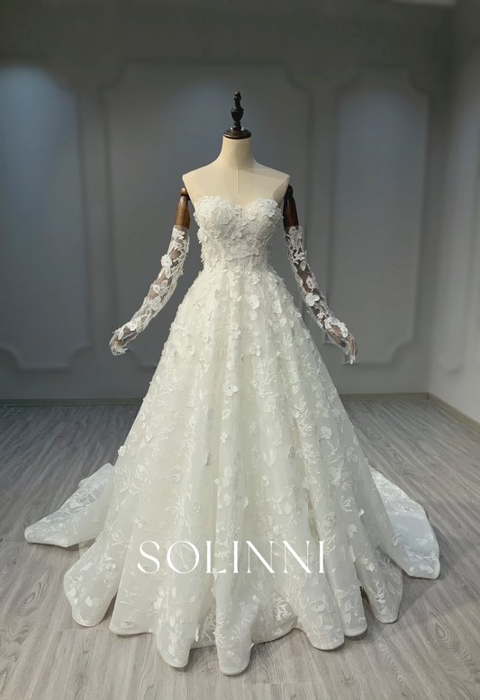3D Floral A-Line Bridal Gown with Detachable Sleeves