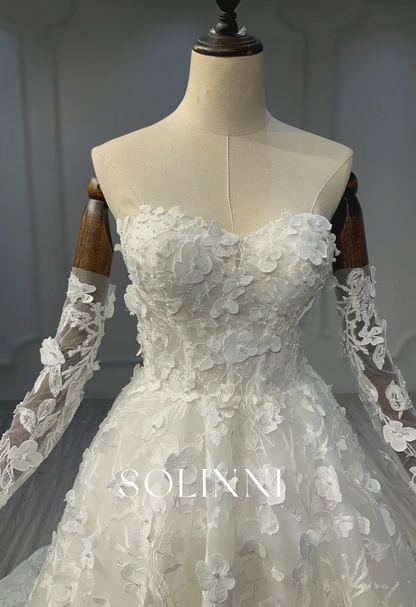 3D Floral A-Line Bridal Gown with Detachable Sleeves