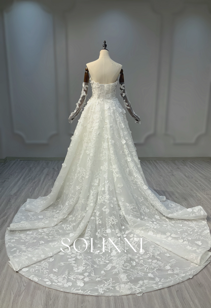 3D Floral A-Line Bridal Gown with Detachable Sleeves