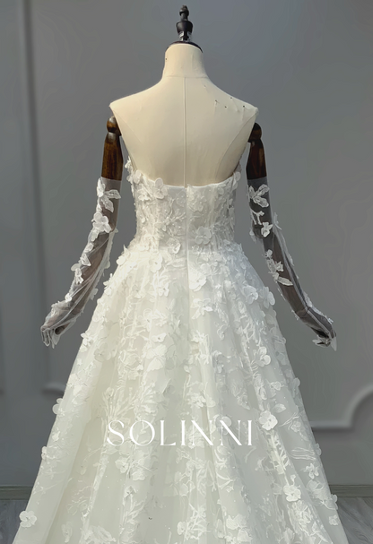 3D Floral A-Line Bridal Gown with Detachable Sleeves
