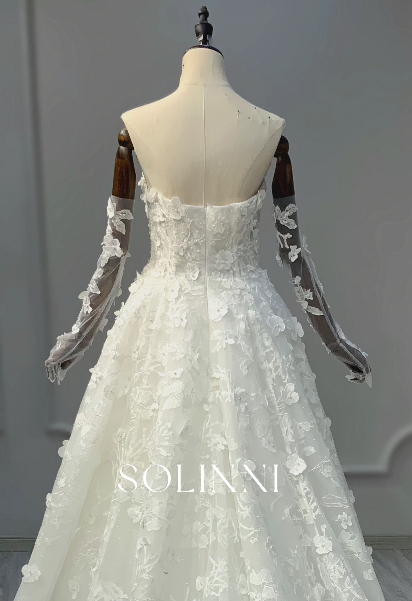 3D Floral A-Line Bridal Gown with Detachable Sleeves