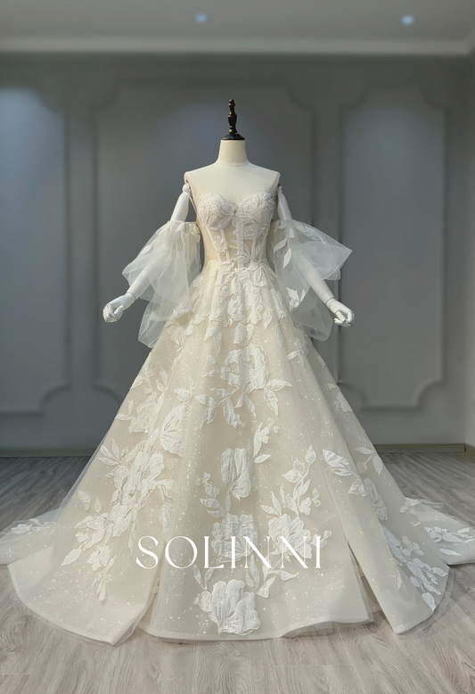 Corset Bridal Gown with Dramatic Tulle Sleeves and Floral Appliqués