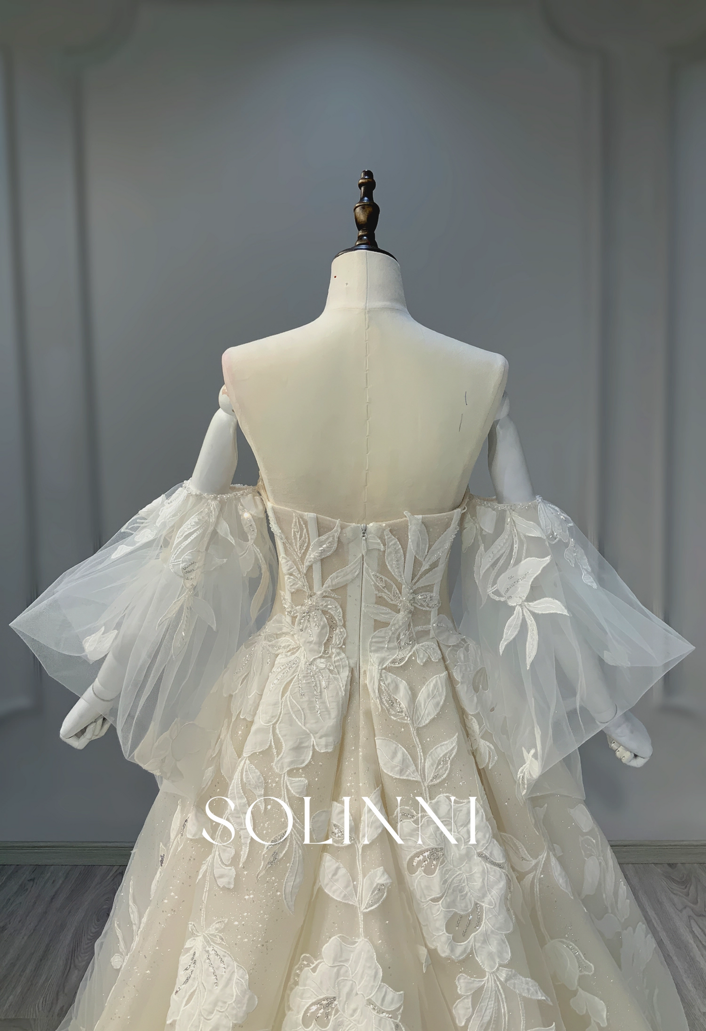 Corset Bridal Gown with Dramatic Tulle Sleeves and Floral Appliqués