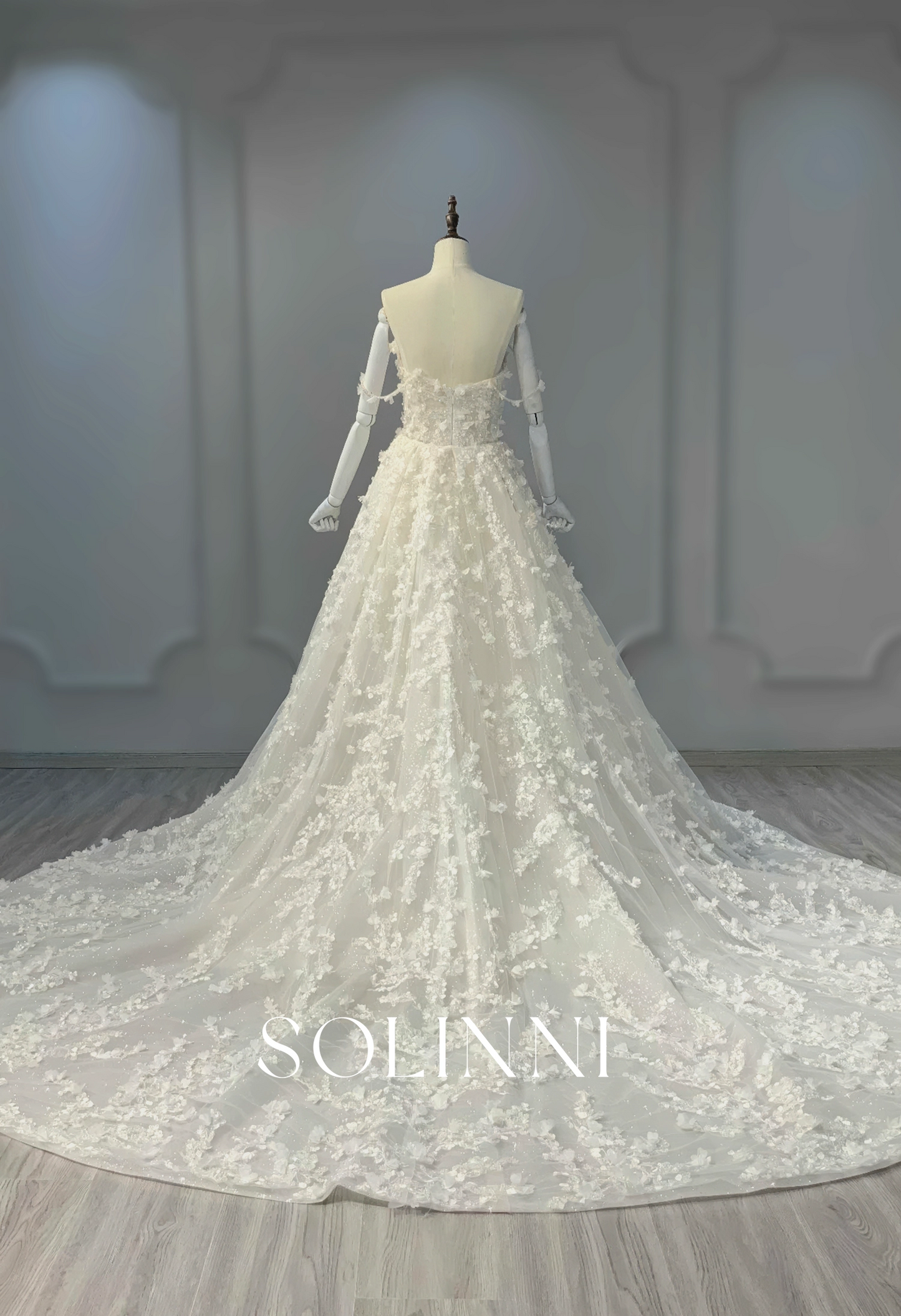 Floral Embellished Wedding Gown with Detachable Train