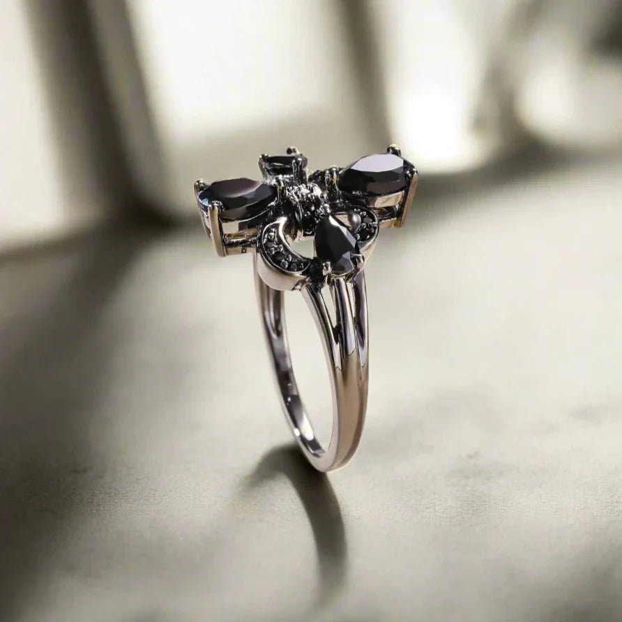 Pear-Cut Natural Black Spinel Gothic Ring