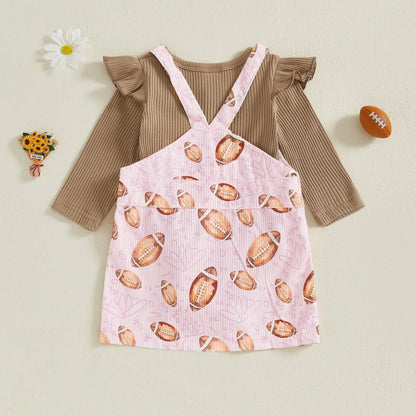 Baby Toddler Girls 2Pcs Fall Outfit Long Sleeve Romper + Football Print Overall Dress Set Clothes