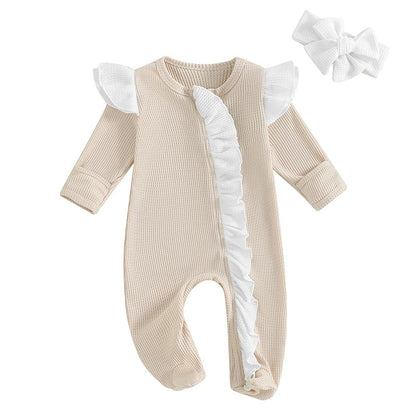 Baby Girls 2Pcs Outfit Long Sleeve Crew Neck Frills Zipper Romper Contrast Color Footies and Headband Set
