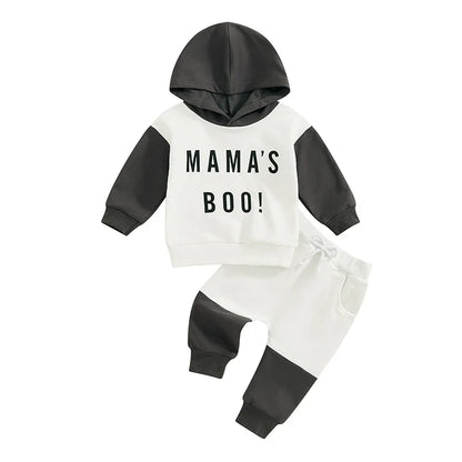 Baby Toddler Boys 2Pcs Mama's Boy Fall Outfit Letter Print Contrast Color Hooded Long Sleeve Top and Long Pants Set