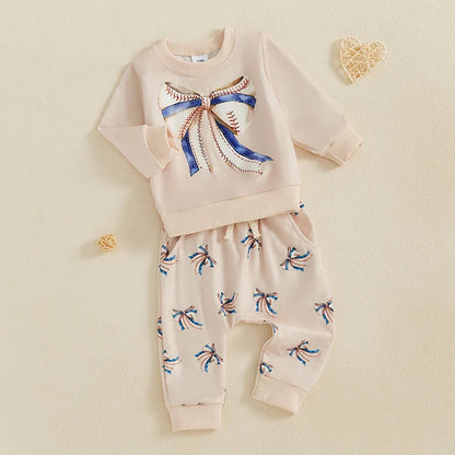 Baby Toddler Girls 2Pcs Fall Outfit Football / Baseball Bow Print Long Sleeve Crewneck Top and Elastic Pants Jogger Set