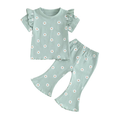Toddler Kids Girl 2Pcs Summer Outfit Ruffle Short Sleeve Floral Flowers Print Top + Bell Bottom Pants Set Clothes